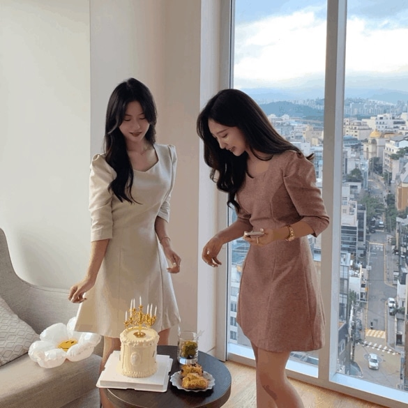 [韓国高クオリティー ベルトセット/ セレモニールック] ツイード スクエアネック ミニ ワンピース デートルック