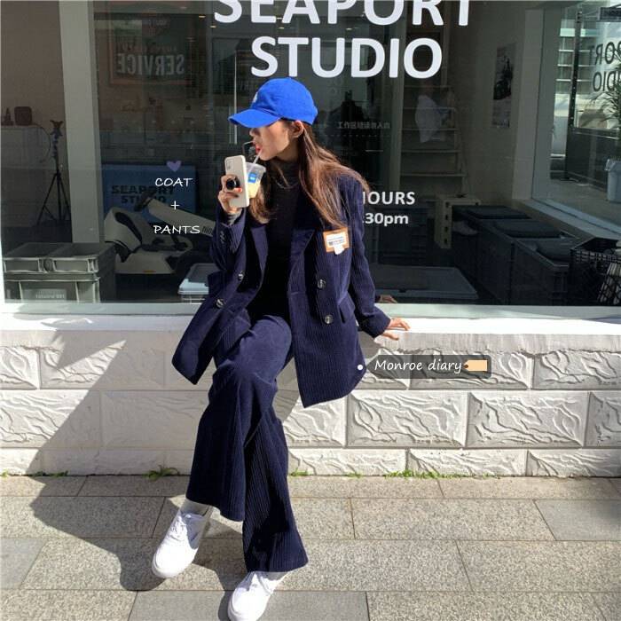 2色 セットアップ レディース ジャケット パンツ コーデュロイ 上下セット スーツ かっこいい こなれ感 おしゃれ 長袖 上着 無地 ネイビー アプリコット ベージュ ワイドパンツ 大人カジュアル