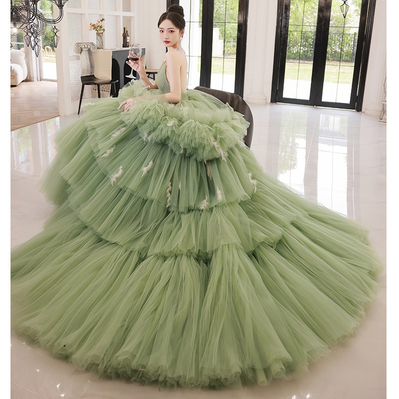 ウェディングドレス グリーン ポンポンスカート 花嫁ドレス パーティードレス ロングレディース 結婚式 披露宴 おしゃれ ケーキのドレス