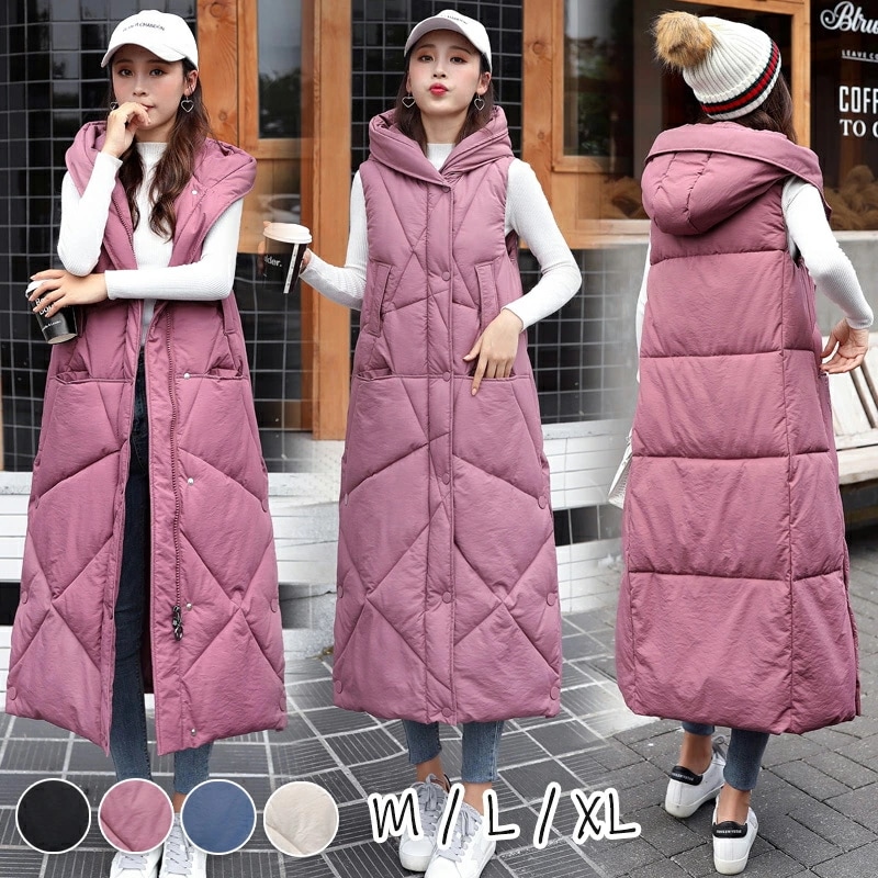 ダウンベスト 中綿ベスト フード付き ダウンコート ロングコート ロング コート レディース 冬 ダウンジャケット 中綿コート アウター 暖かい 防寒 通勤 カジュアル 大きいサイズ きれいめ おしゃ