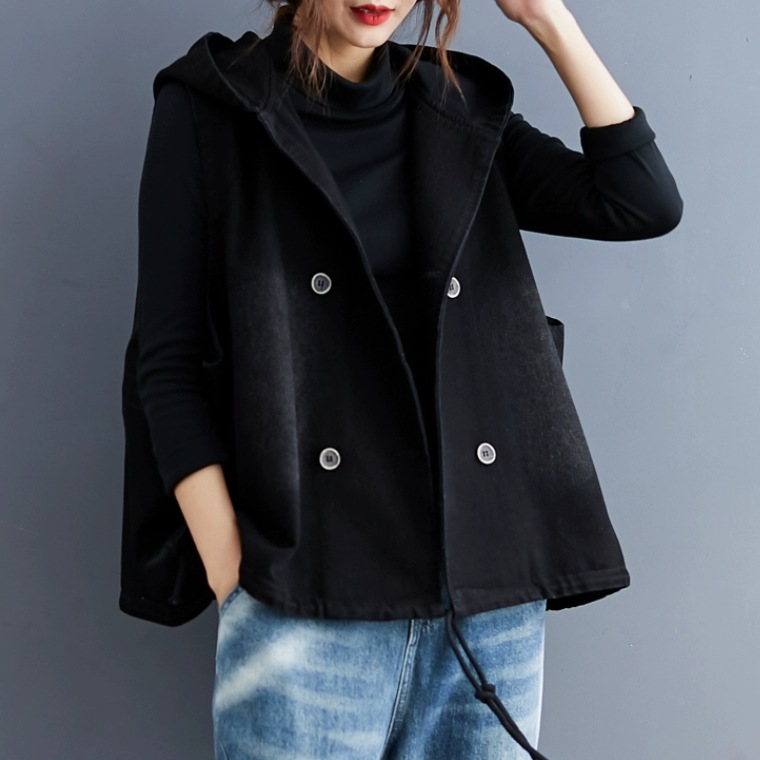 ベストジャケット ブラック アウター ベスト ジャケット 上着 袖なし ノースリーブ 襟なし フード付き ポケット 前開き お得 かわいい シンプル カジュアル 大人 おしゃれ お洒落 大人女子