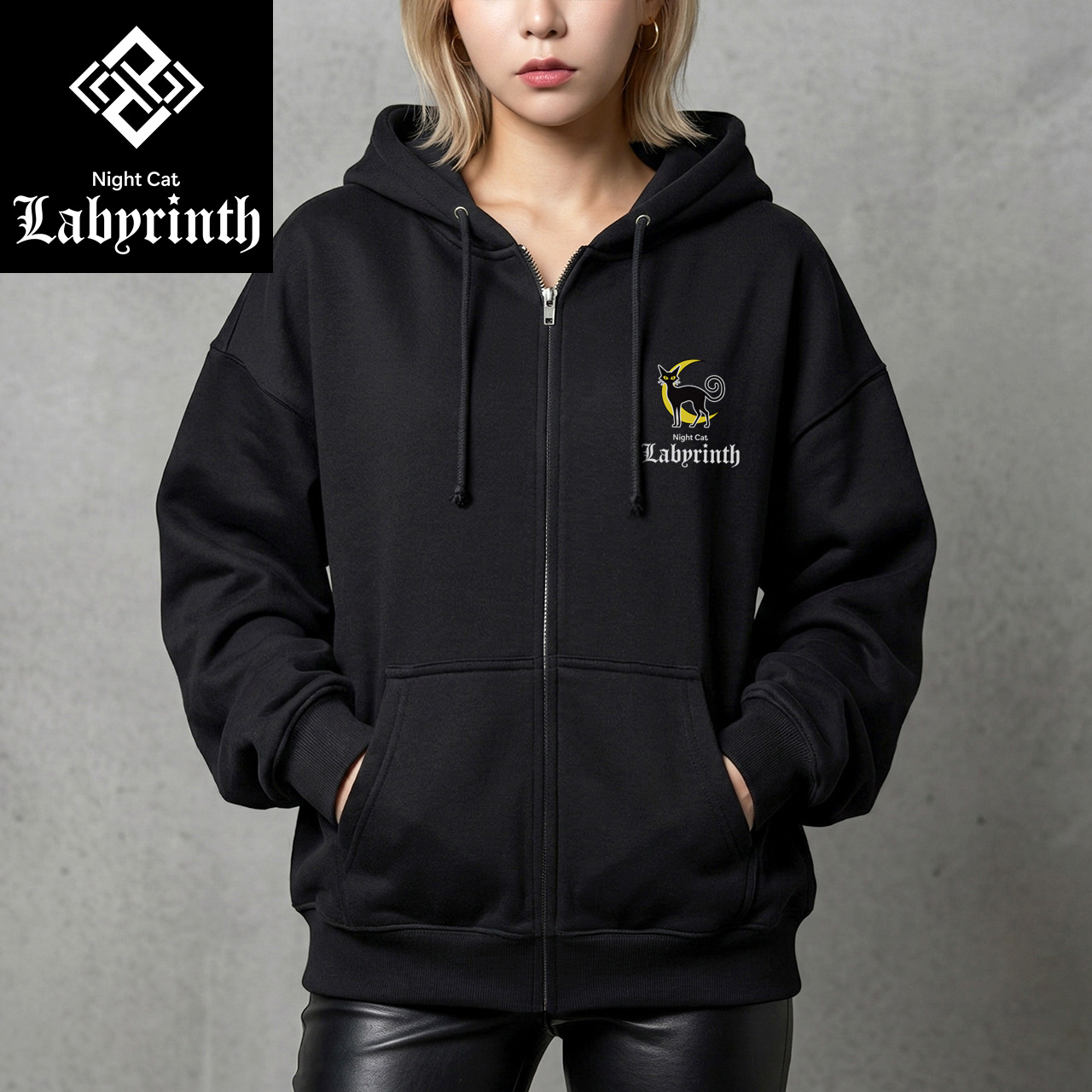 【Night Cat Labyrinth】ナイトキャットラビリンス 前面ロゴ（黒猫と三日月バージョン）のみ フルジップパーカー 10oz 裏パイル (ブラック)　黒猫 ゴシック ストリートファション