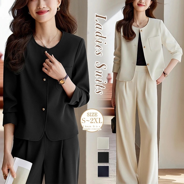 スーツ レディース パンツスーツ ノーカラー ジャケット ワイドパンツ フォーマル スーツ セレモニー 2点セット ビジネススーツ 入学式 卒業式 入園式 卒園式 ママ 着痩せ 通勤 オフィス