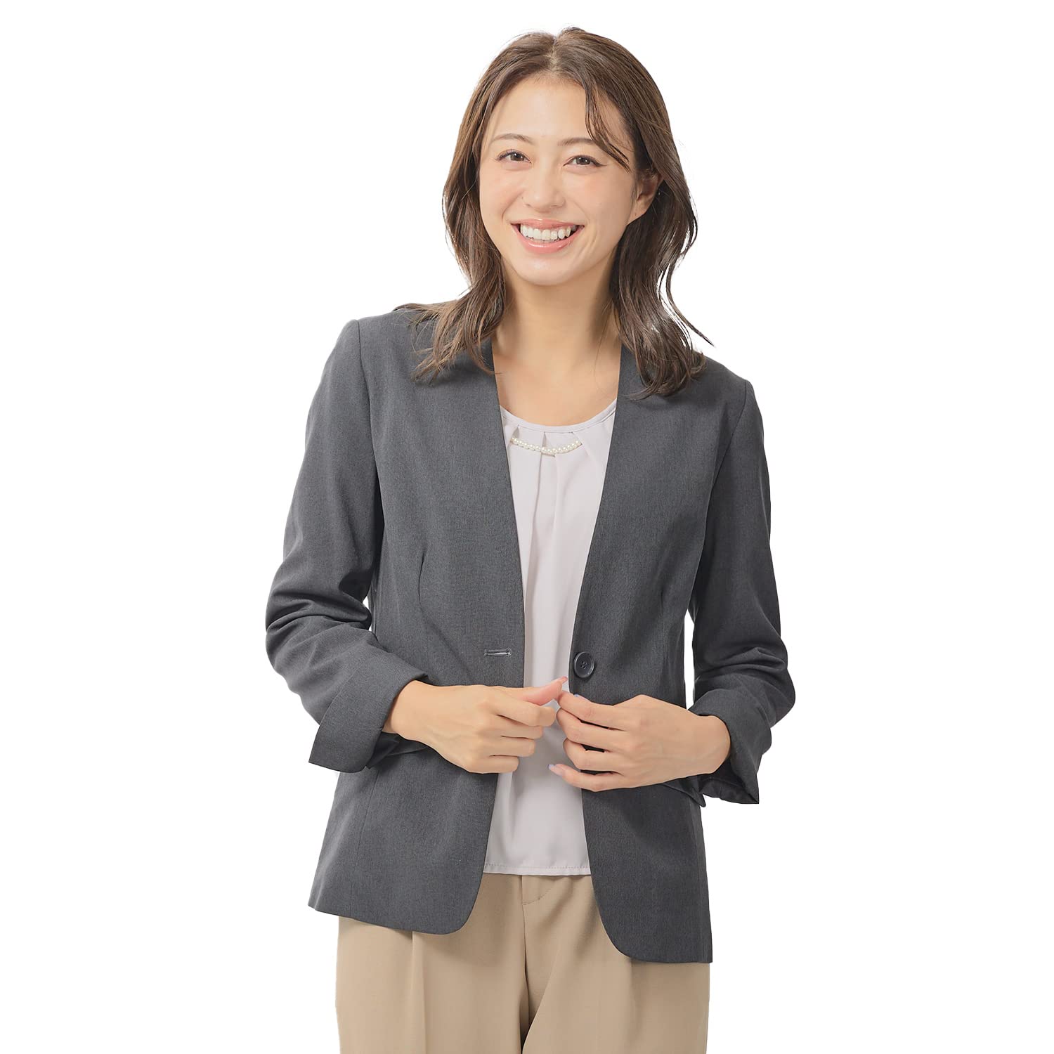 [RIRIYĀNOリリヤーノ] ノーカラージャケット レディース スーツ ウォッシャブル S M L LL 3L 4L 5L ブラック ネイビー 2502-522018 (9号, チャコール)