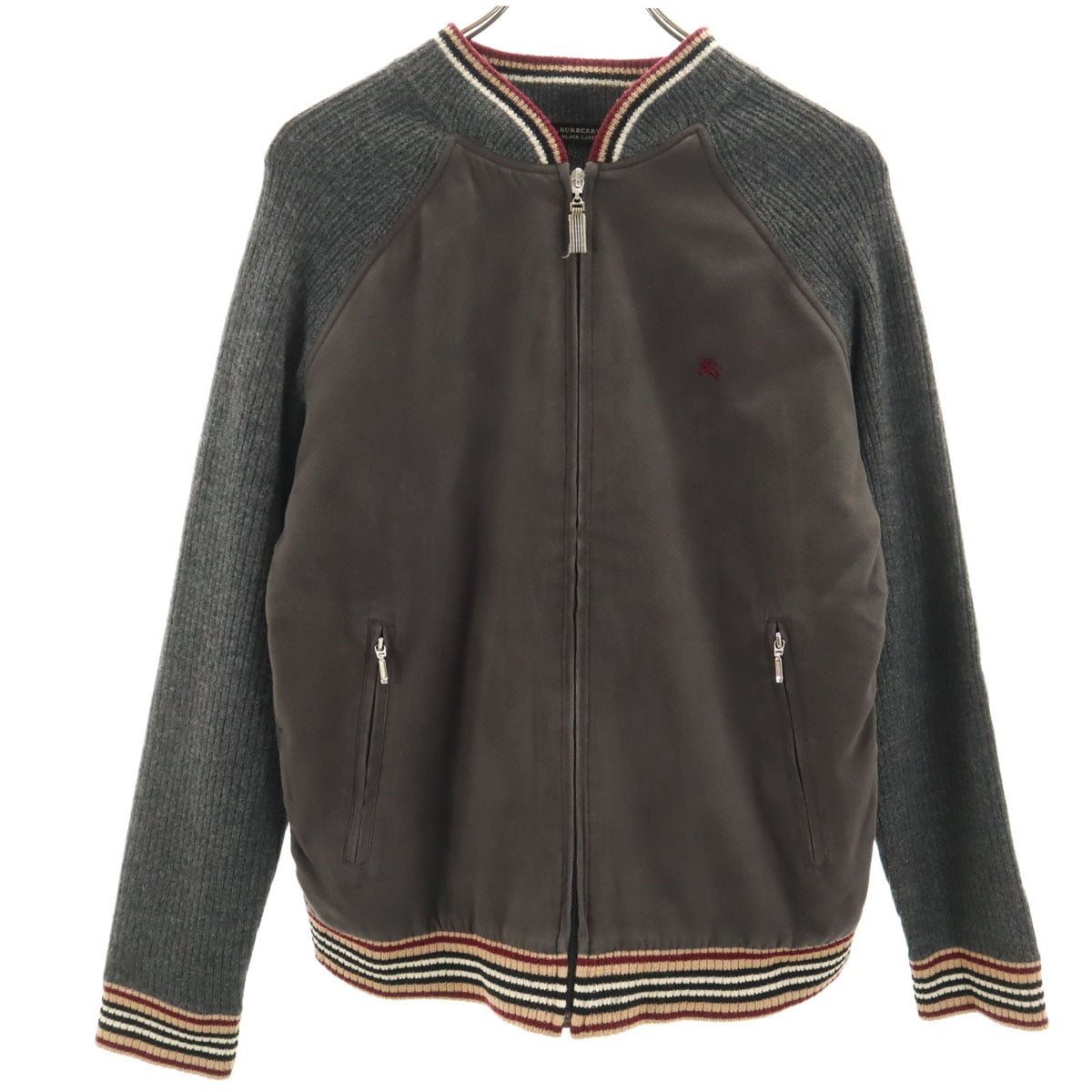 BURBERRY BLACK LABEL バーバリーブラックレーベル フェイクスエード切替 ニットジャケット 2 チャコールグレー 三陽商会 メンズ 古着