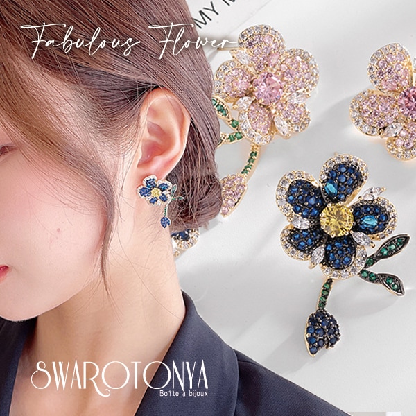 揺れる AAAキュービックジルコニア フラワー ピアス/大人可愛い 上品 デイリー 安心 金属アレ