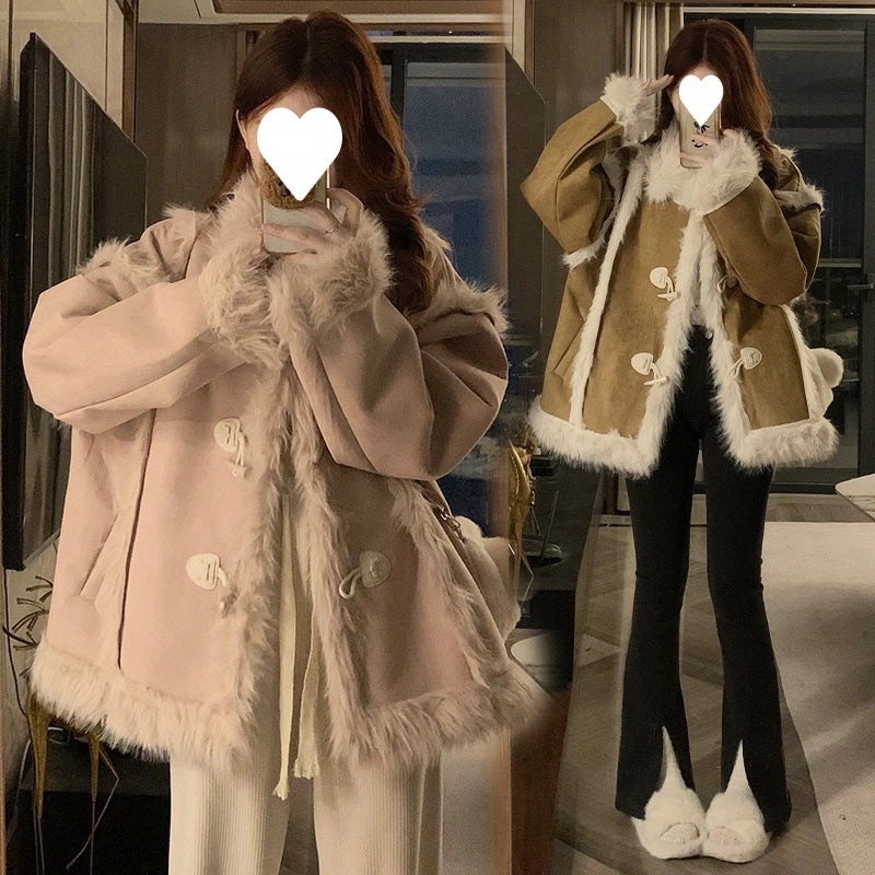 女性用ピンクラムウールパッチワークコート新しい秋冬スタイル厚手デザインニッチなコットンパッド入りジャケット