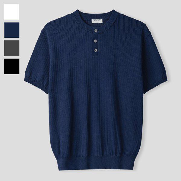 メンズ ウェールボタン ヘンリーネック 半袖 ニットTシャツ GN-KNH-Q019-ネイビー