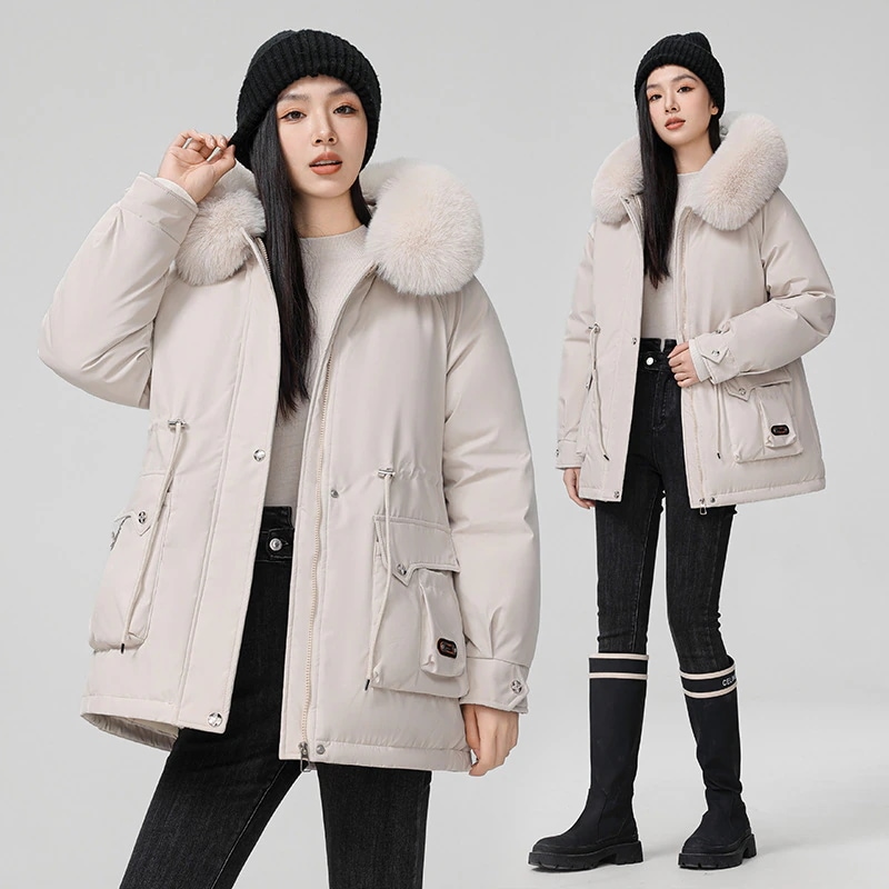 パーカー服の女性冬の新型韓国版は腰を収めてやせている帽子の大きな毛襟と綿服の中の長いジャケットの綿服 5,094円
