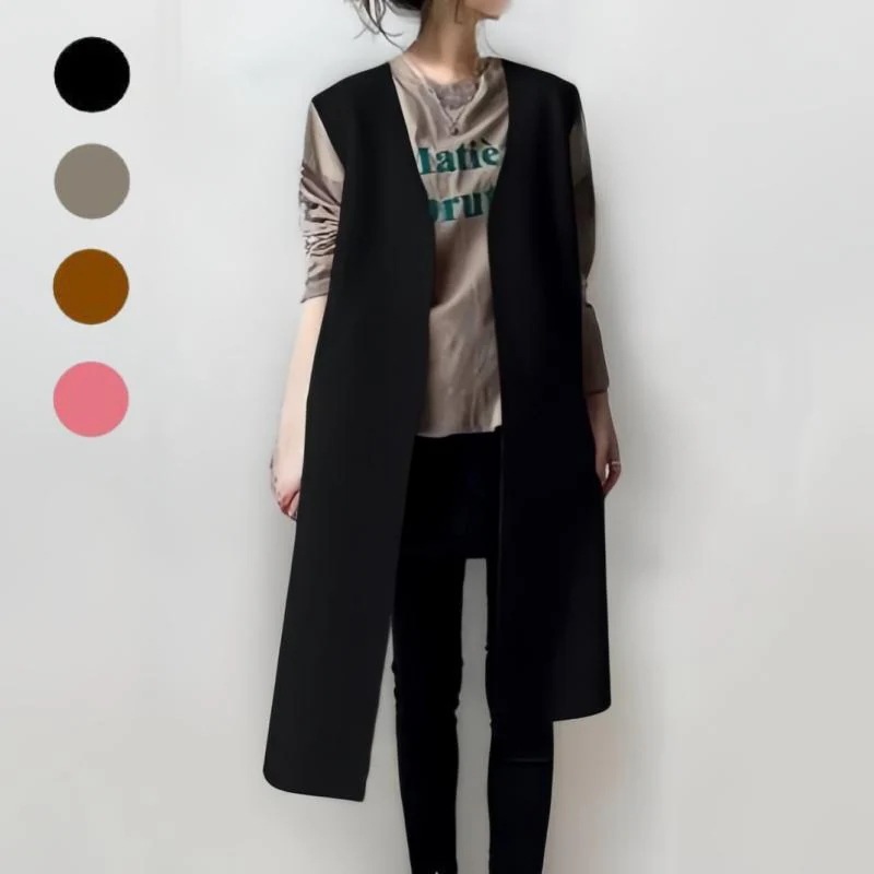 製レディース多用途無地ノースリーブ気質スリムポケットウールジャケット4色