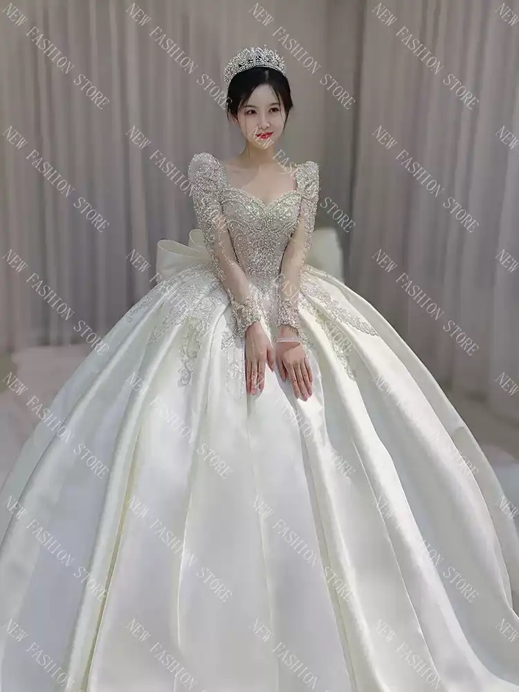 ウェディングドレス新型フレンチレトロ長袖ドレスワンピース-43