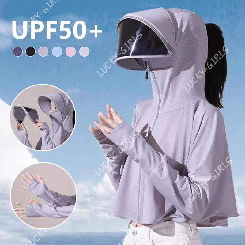 【早い者勝ち！】【首や顔まで360度守れる万能パーカー】uvカット パーカー UPF50+ 接触冷感 紫外線率99.9% 指穴 つば付き ラッシュガード レディース 長袖フェイスカバー UV パーカー