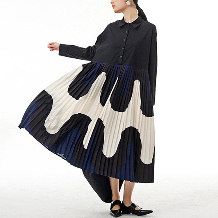 プリーツ切替ワンピース ワンピース レディース 綿100 ロング 長袖 モード系 シャツワンピース プリーツ 切り替え バンドカラー プリント 柄ワンピ ティアード 配色 マキシ丈ワンピ ロングワンピ