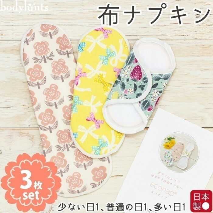 布ナプキン おためし3枚セット 福袋 昼用 夜用 bodyhintsオリジナル エコナップ 少ない日(おりもの用)/普通の日/多い日 各1枚 コットン 綿 お試し セット アソート まとめ買い 生理