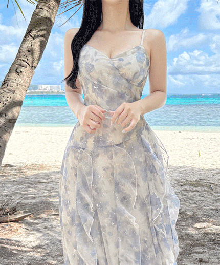 キャミソール ロング ワンピース フラワー シャーリング 袖なしロング・マキシ丈ワンピ 4,888円