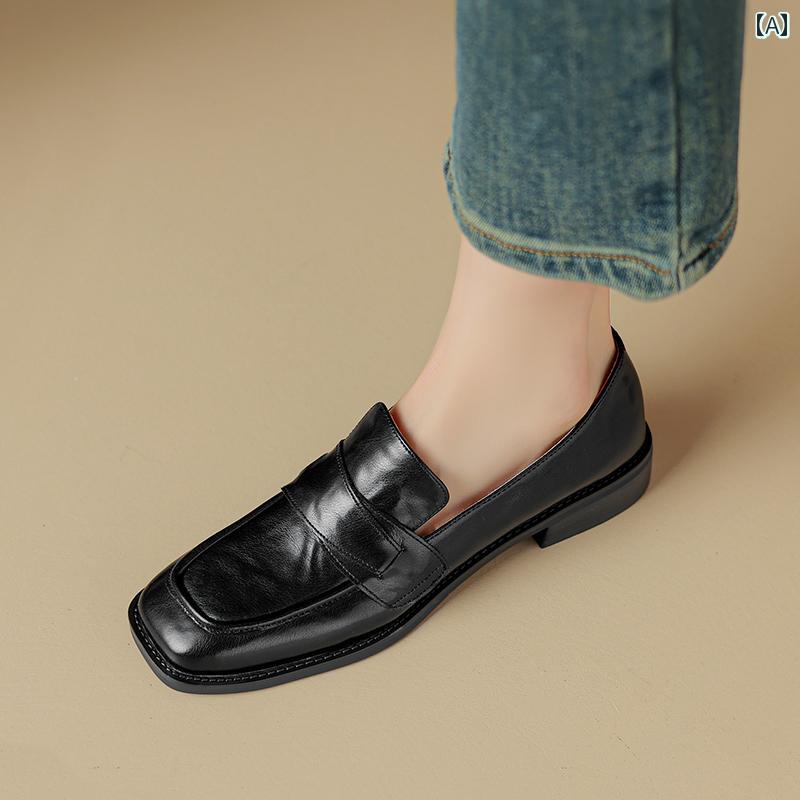 ローファー レディース オフィス 通勤 仕事 春秋 レトロ 革 黒 スクエアトゥ 女性 ソフト ソール ミディアム ヒール 太い ヒール 英国 靴 10,354円