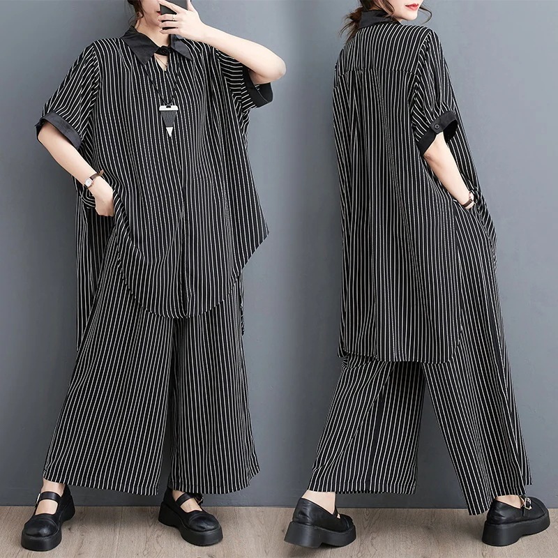 「ファットガール」上下セット 今週の割引は 25% オフです夏 レディースセットアップ 大きいサイズ 体型カバー お尻すぽっり 縦縞 ボーダー ゆったり ワイドパンツ 半袖セット ママスーツ 中年 メ