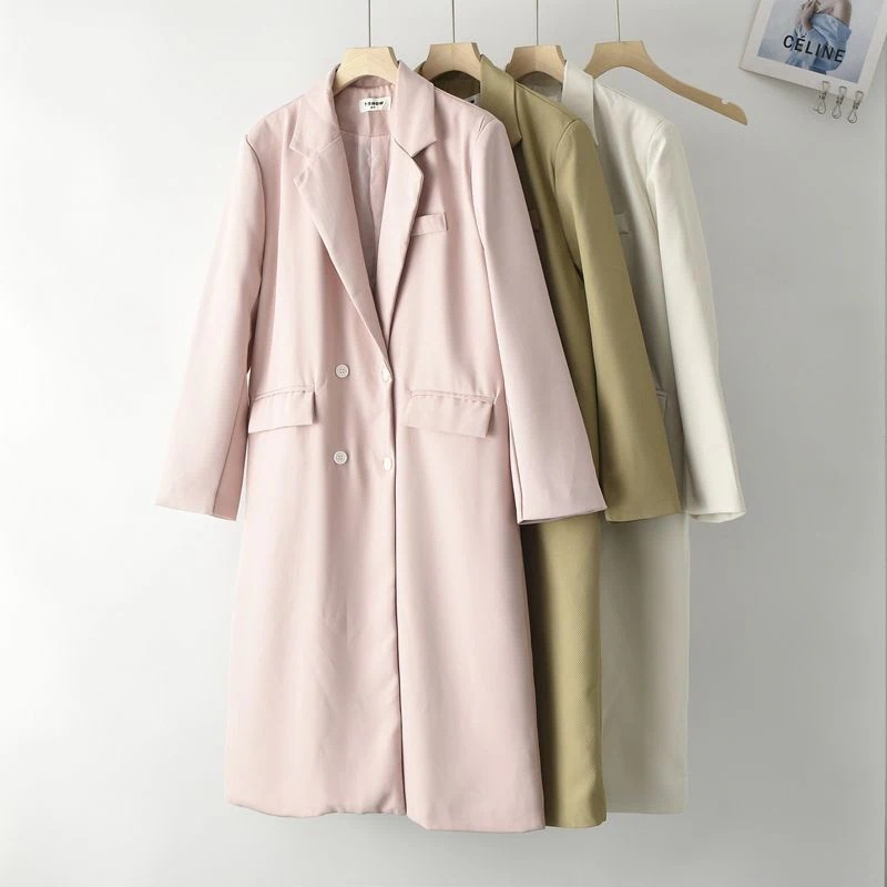の女性用スーツウインドブレーカーブレストストレートルーズ気質膝丈コートカジュアルジャケット