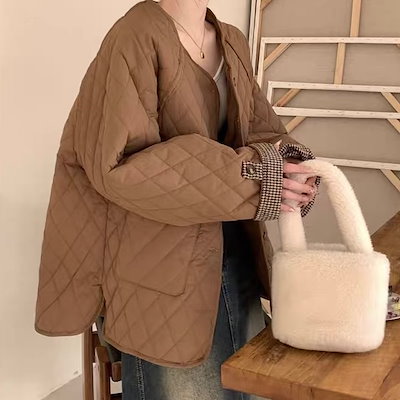 2024アウター コート Vネック ポケット付き ブラウン 茶色 レトロ ヴィンテージ風 菱形 ボタン 綿