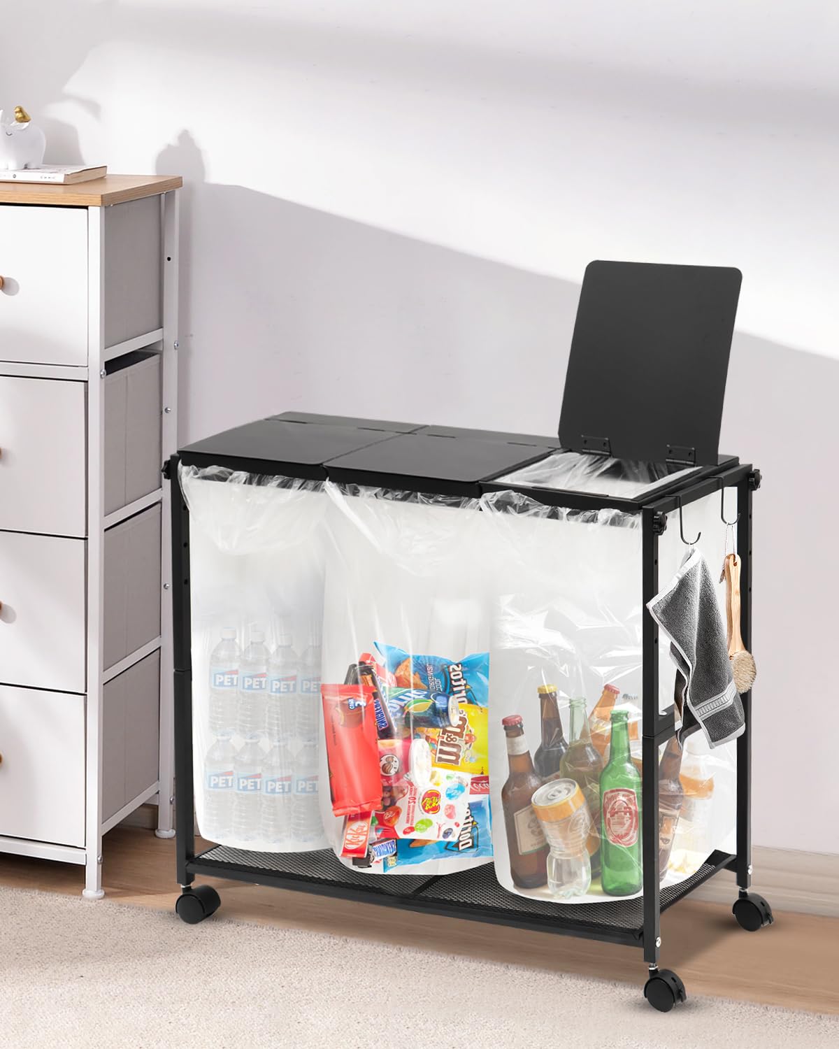 J-PREMIS ゴミ箱 3分別 ゴミ袋ホルダー 高さ四段調節10~55L袋対応 高さ調節簡単 キャスター付き 分別ゴミ箱 ふた付き 大容量 キッチン ゴミ袋スタンド ダストボックス 使いやすい シン