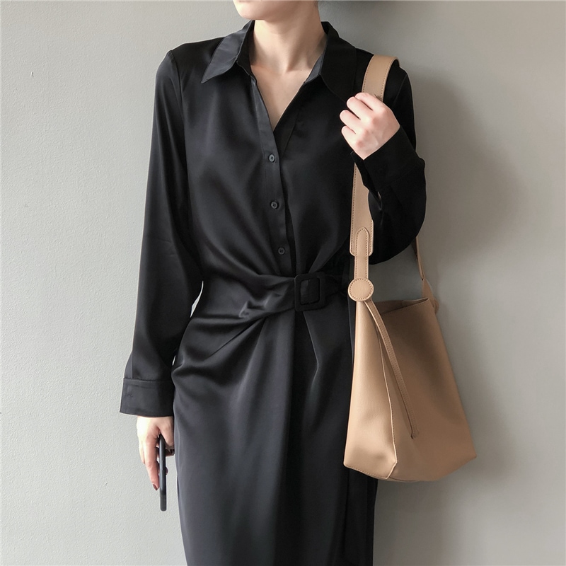 ワンピース レディース 送料無料 3色 フレアワンピース シャツワンピース ウエストマーク ロングワンピース ロング丈 マキシワンピース Aライン 襟付き スタンダードカラー 前開き フロントボタン