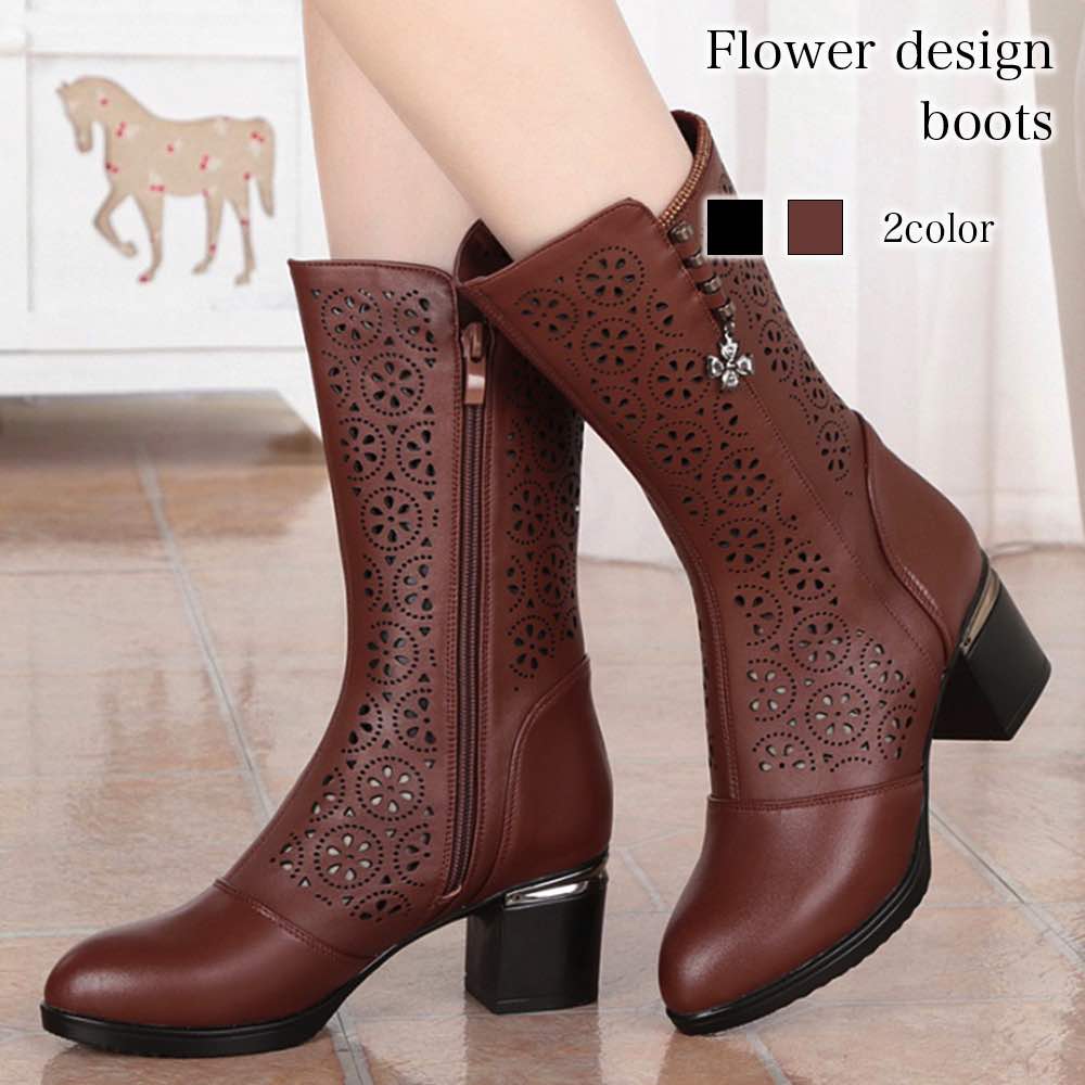 ロングブーツ レディース 花デザインブーツ 疲れない レース ジョッキーブーツ 防水 スエード 革 ショートブーツ ストレッチ ぺたんこ 大きいサイズ レザー 編み上げ 厚底 防寒 暖かい 秋 春 ミ