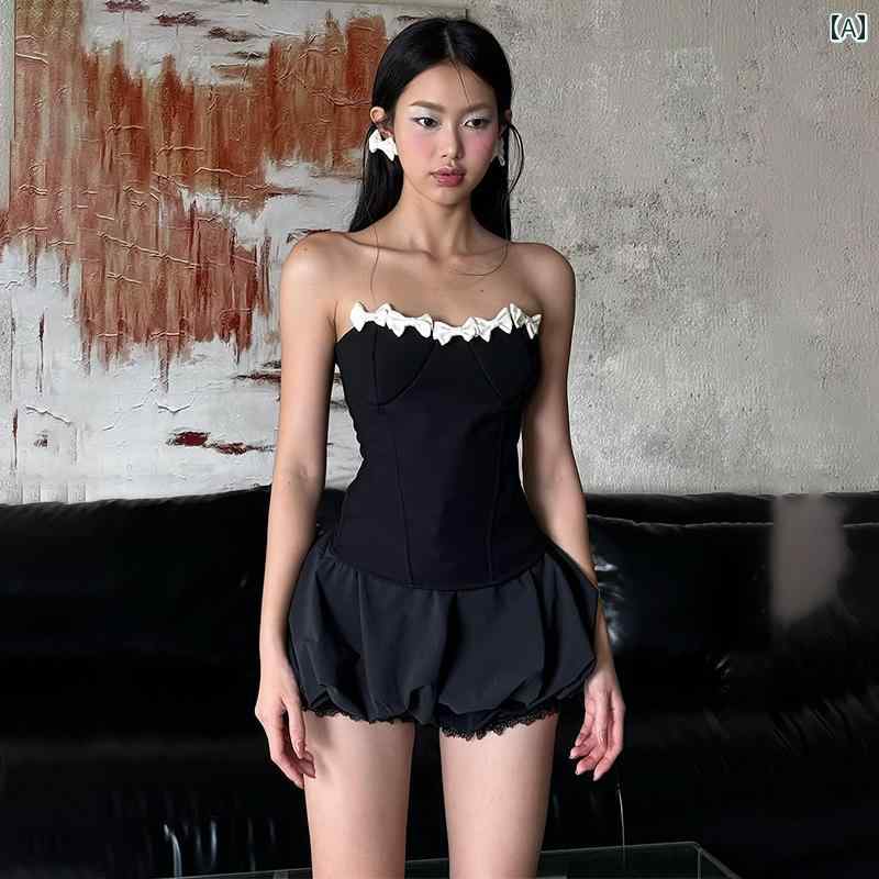 リゾート ワンピース 大人 レディース ホット ガール レース スプライシング チューブ トップ ドレス オフショルダー ドレス つぼみ ショート スカート 衣装