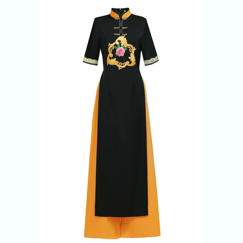 アオザイ チャイナドレス レディース 中国 きめ サイズ パフォーマンス エレガント ベトナム パンツ ハイスリット ブラック イエロー
