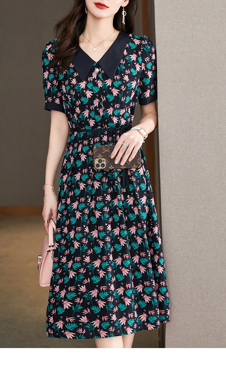 夏 女性 V ネック 花柄 シフォン レトロ ドレス 外国風 ネクタイ 薄手 半袖 スカート ネイビー M L XL XXL ワンピース 袖あり かわいい 大人可愛い きれいめ シンプル カジュアル