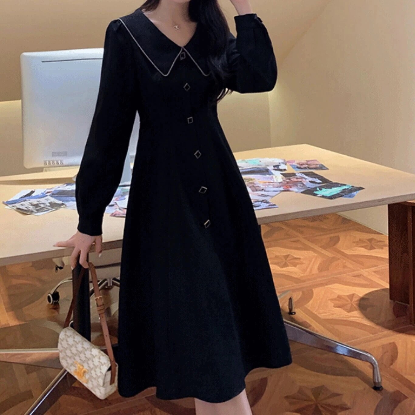 ワンピース ロングワンピース 膝下 ミモレ丈 袖あり 長袖 Vネック ハイウエスト キレイ目 おしゃれ カワイイ スタイリッシュ レトロ モダン クラシック 上品 シンプル こなれ感