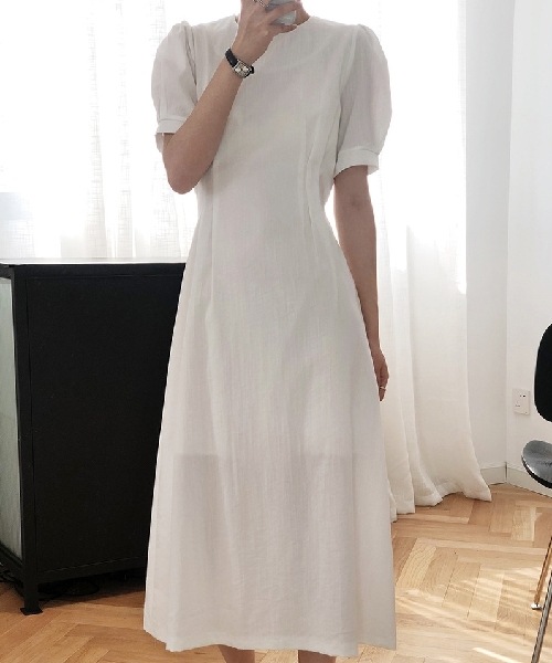 レディース ワンピース ミモレ 半袖 パフスリーブ ラウンドネック セミフレア レース リボン ウエストマーク ウエストリボン バックリボン ファスナー ハイウエスト 透け感 かわいい 大人可愛い