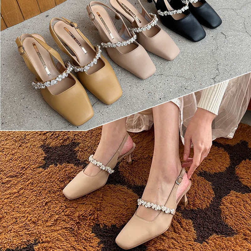 3color 女性らしい, 上品な キラキラビジュー．キュービック付き 甲ストラップ 牛革（本革） バックストラップ付き スクエアトゥ スリングバック メリージェーン パンプス．ビジュー付きパンプス