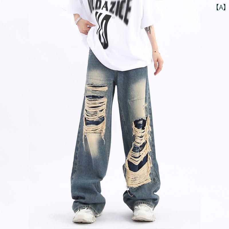 デニムパンツ メンズ レディース ダメージ ジーンズ クラッシュ ボトムス アメリカン レトロ ストリート ストレート ヒップホップ ロング ブルー ブラック