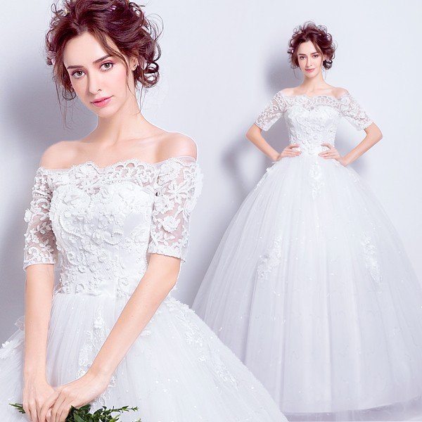 ウエディングドレス 結婚式 半袖 二次会 ウェディングドレス 安い プリンセス エンパイア 花嫁 ドレス 白 披露宴 ロングドレス ブライダル 姫系