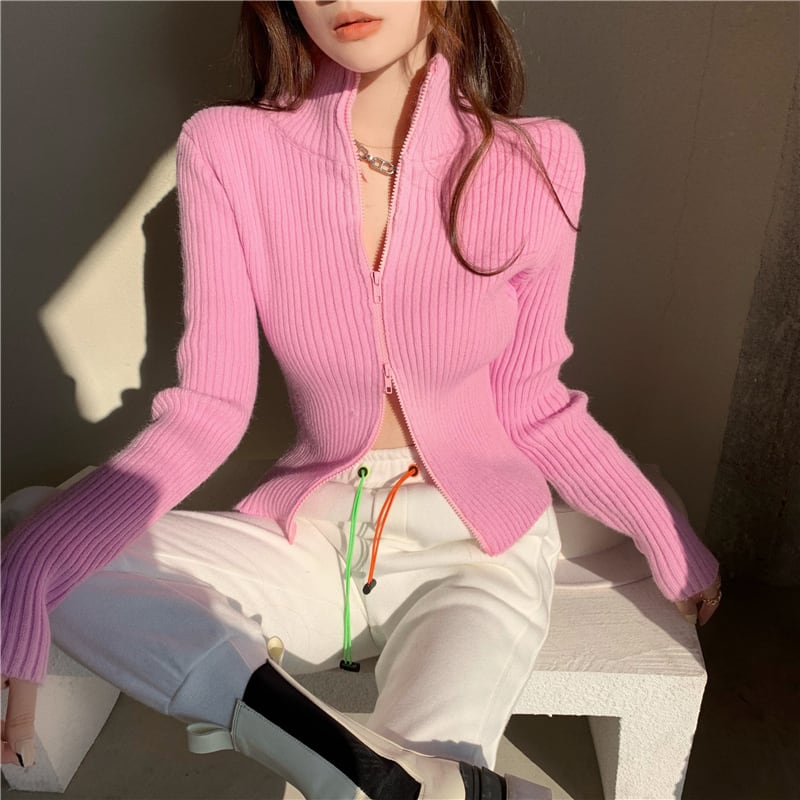 カーディガン ニットカーディガン ダブルジップ ジッパー タイト ショート丈 トップス 前開き