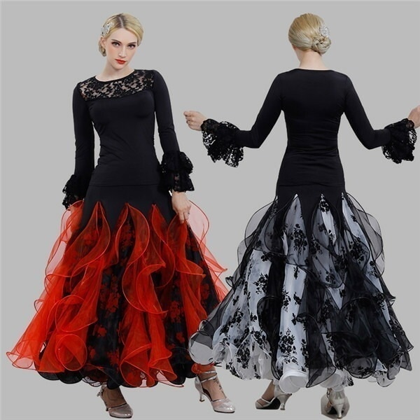 【期間特典】社交ダンス 衣装 ダンスウェア 上下セット 長袖トップス ロングスカート 大きい裾 フラメンコ スタンダード モダンドレス ワルツ タンゴ ドレス 大きいサイズ 練習着 レッスン 競技大