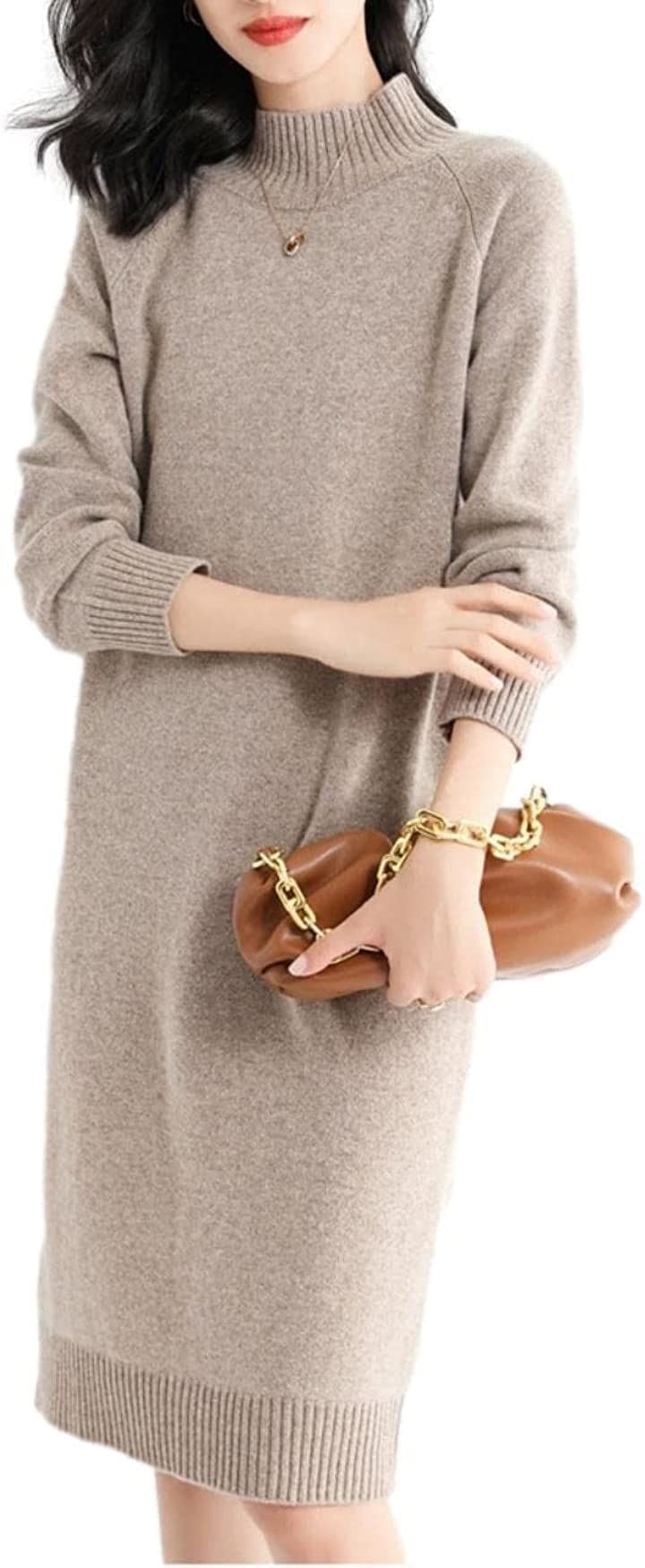 ニット ワンピース 柔らか素材 ひざ丈 シワになりにくい 清楚 オフィス 普段着 大人 セットアップ風 JS22(ベージュ, XL)