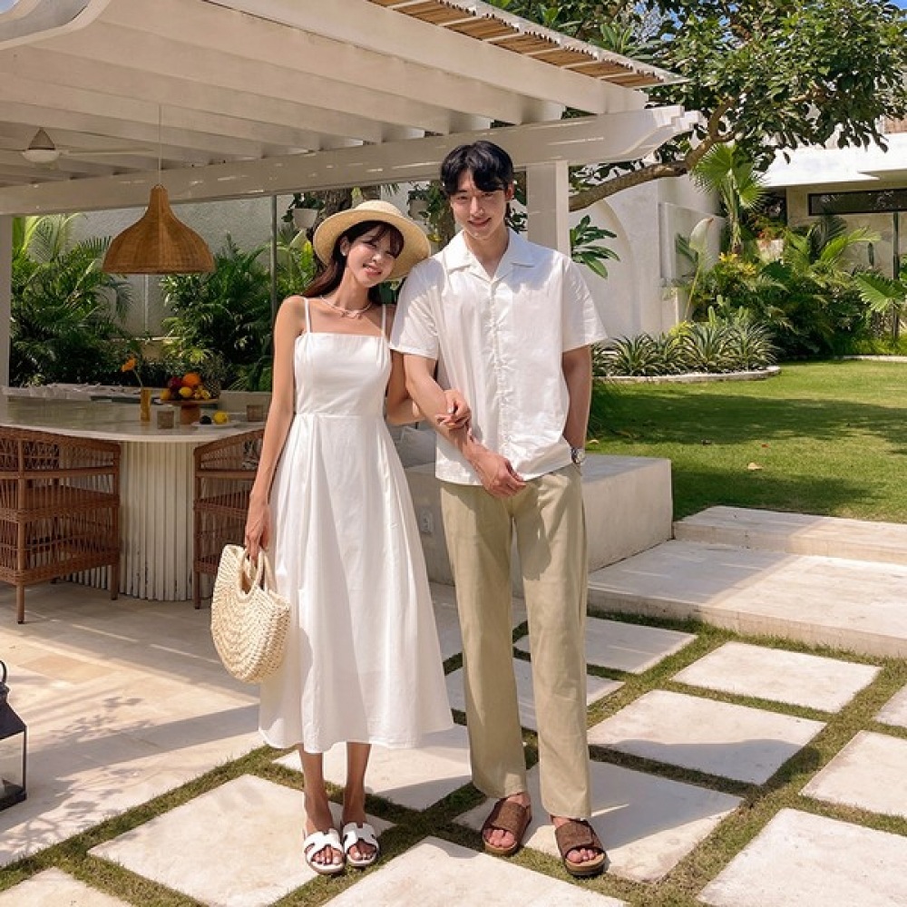 (Vivarup) ブルネルハネムーンカップルルック OP20186F サマーストラップオフショルダーロングショートスリーブドレス半袖シャツハネムーンリゾートバケーションビーチウェア