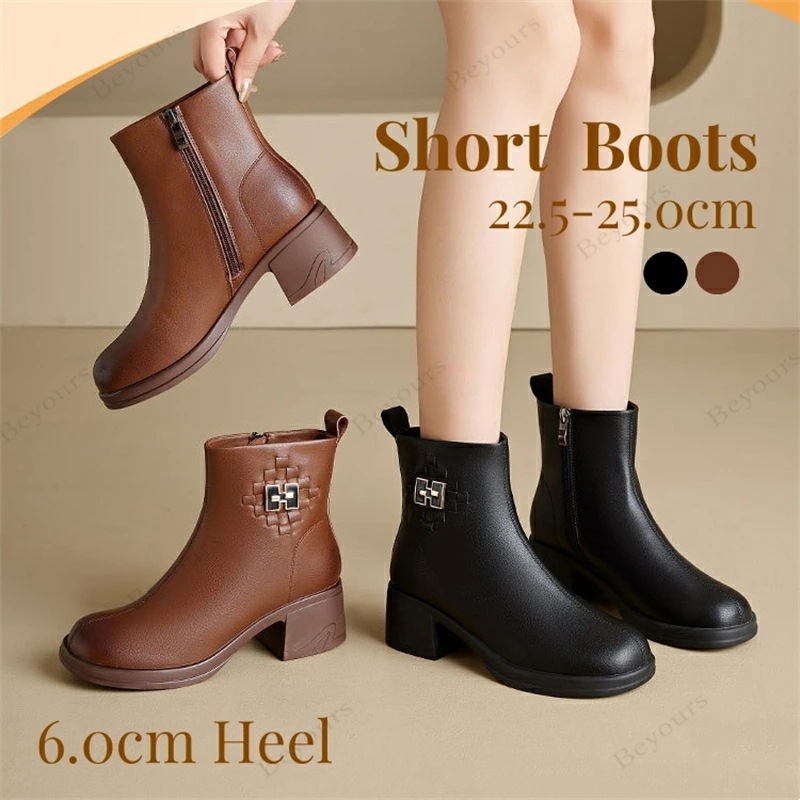 本革 牛革 ショートブーツ シューズ 靴 くつ 履物 ショート丈 レディース 秋 冬 美脚 疲れない 歩きやすい 足が痛くならない 厚底 太ヒール 通学 通勤 秋冬 6cm Heel 22.5cm-2