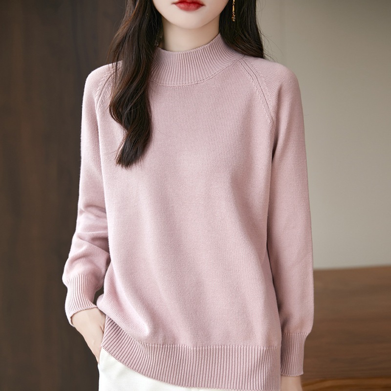 二重ストランドの厚手のタートルネックセーターベースレイヤーレディース秋冬ミッドネックルーズアウターウェアラグランスリーブコットンニットウェア