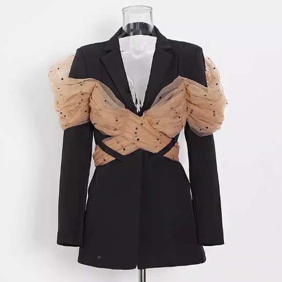 チュールデザイン テーラードジャケット レディース トップス ジャケット テーラードジャケット ロング 長袖 チュール袖 飾り袖 襟付き フォーマル チュール 立体的 大人可愛い きれいめ 上品