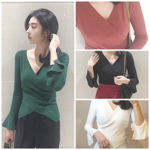 4色ニット ベルスリーブ Vネック カシュクール セクシー 長袖 無地 カジュアル 秋冬 C-004