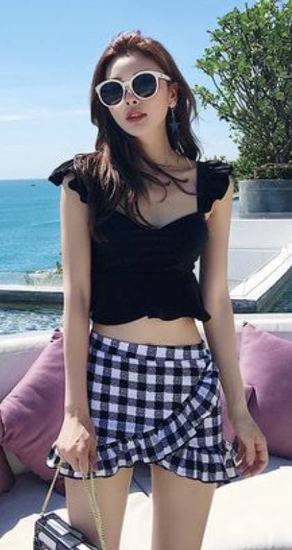 スプリット レディース 服のようなビキニ 上下セット フレンチスリーブ フリル かわいい 体型カバー カジュアル 黒 チェック柄 夏 海 プール リゾート ノースリーブ パンツ シンプル 美脚