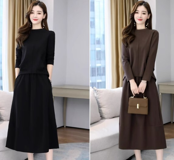 セットアップ ツーピース ミモレ丈スカート ミモレ ミモレ丈 ミモレ丈ワンピース 袖あり ラウンドネック Aライン レギュラー ハイウエスト おしゃれ お洒落 かっこいい 大人女子 こなれ感 主役級