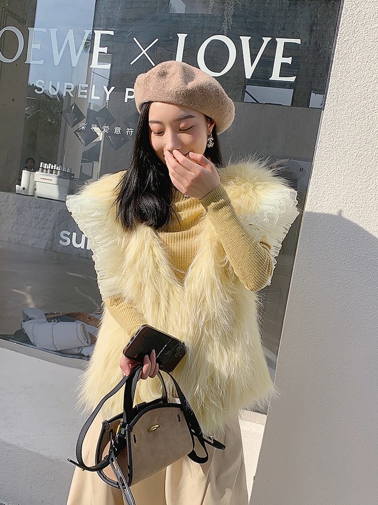 レース付きファーベスト エコファー レディース 毛皮ベスト ゴージャスファーベスト ロッグベスト アウター フェイクファー D394 7,543円