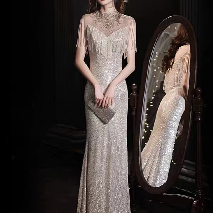 ドレス 衣装 ドレスワンピース イブニングドレス 袖なし ハイネック タイト ビジュー キラキラ マーメイドスカート 胸元 ロング丈 バックシャン ステージドレス 発表会 大人可愛い きれいめ