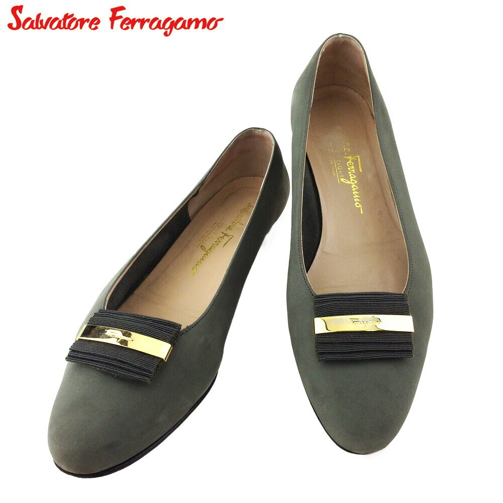 パンプス シューズ 靴 ロゴプレート レディース 8ハーフC ラウンドトゥ グレー 灰色 ゴールド 中古