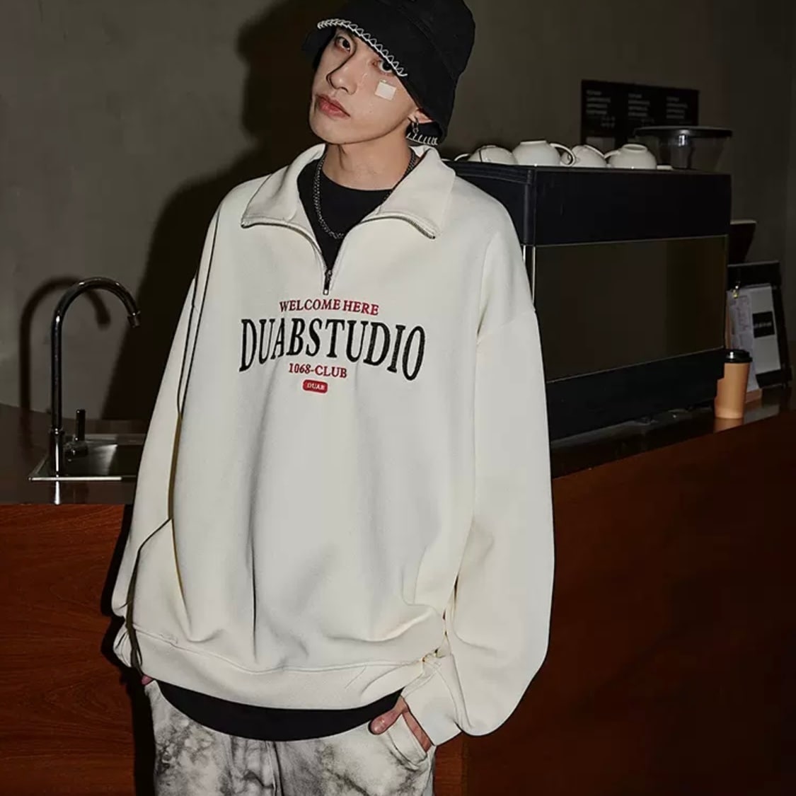 トップス パーカー トレーナー スウェット 袖あり 長袖 ドロップショルダー 萌袖 Vネック 襟付き ストレート ファスナー 前開き ジッパー 大人可愛い きれいめ シンプル カジュアル 大人 上品