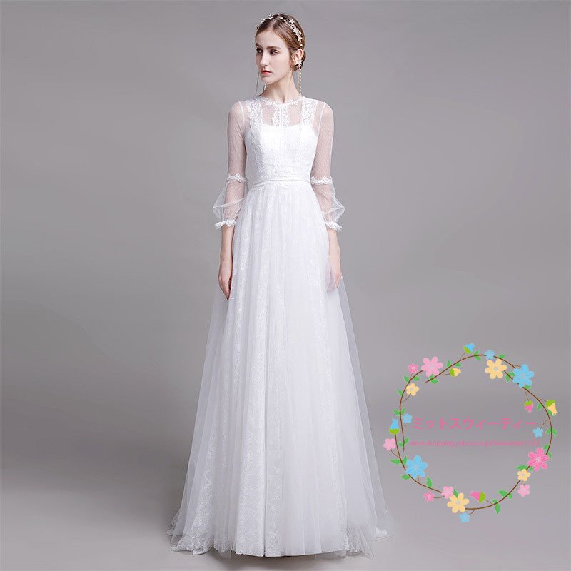 2020春新作 ウエディングドレス Aラインドレス ロング丈 ウェディングドレス レースク 白 二次