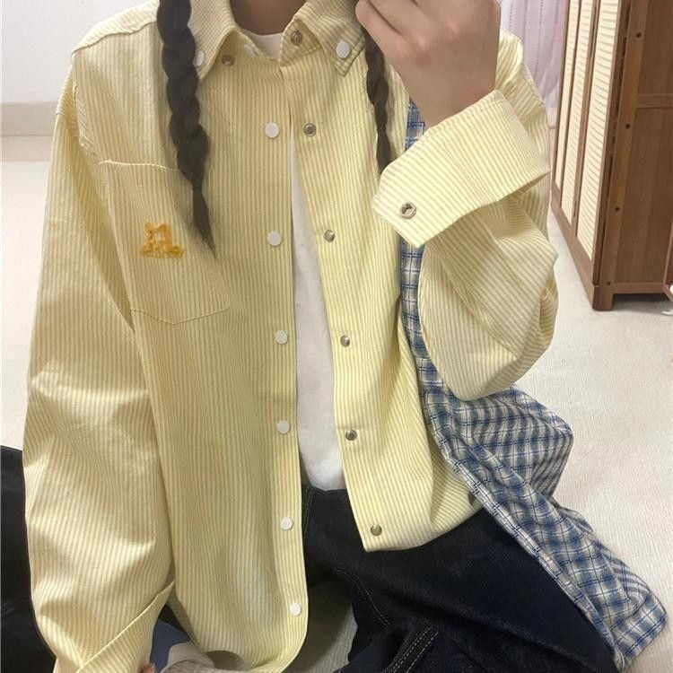 アメリカン レトロ 黄 ストライプ Polo 襟 シャツ アウター レディース カーディガン ゆったり カジュアル 長袖 シャツ アウター トップス62314